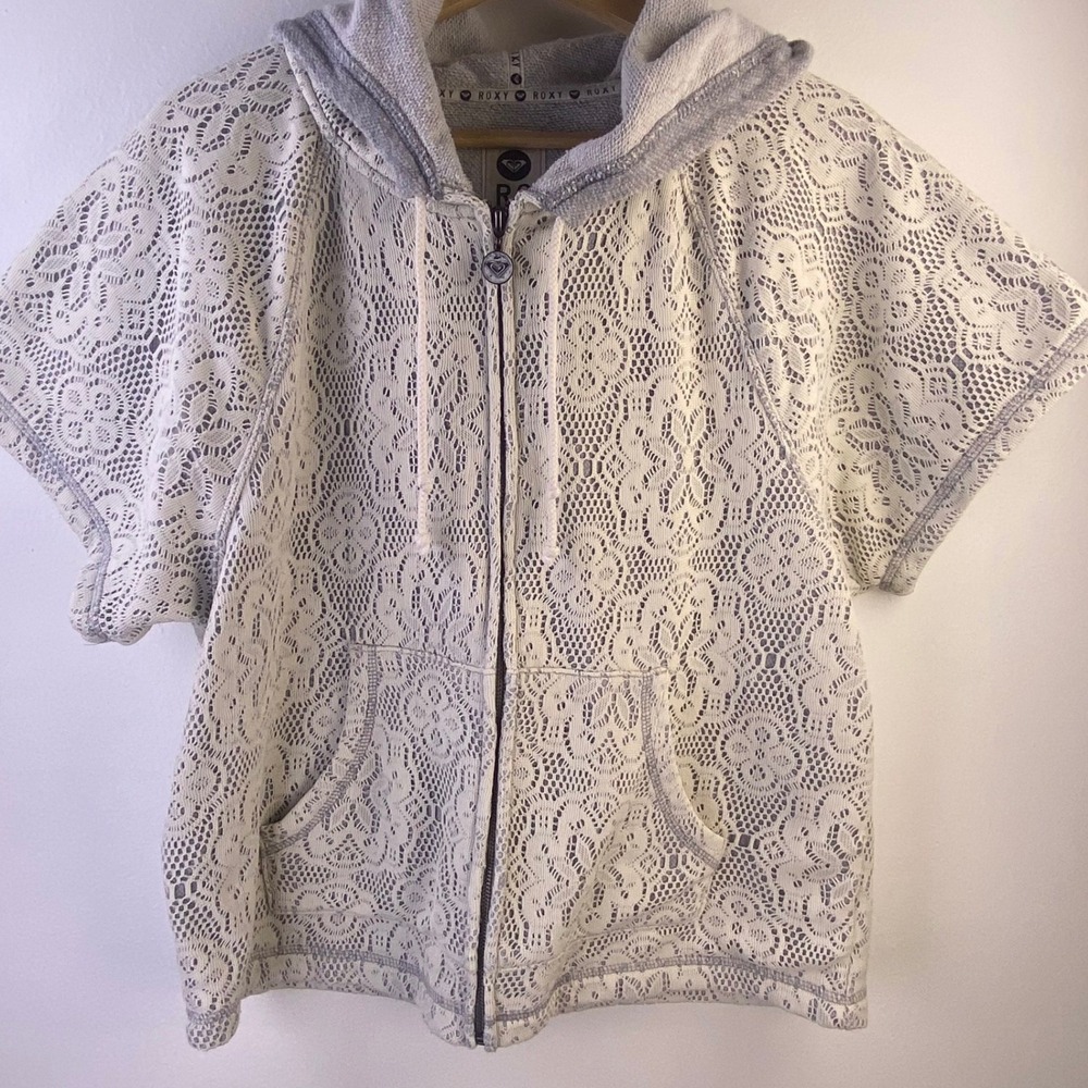 Roxy Hoodie Womens Large Gray Lace Overlay Full Zip Long Sleeve Y2K Boho Beachy